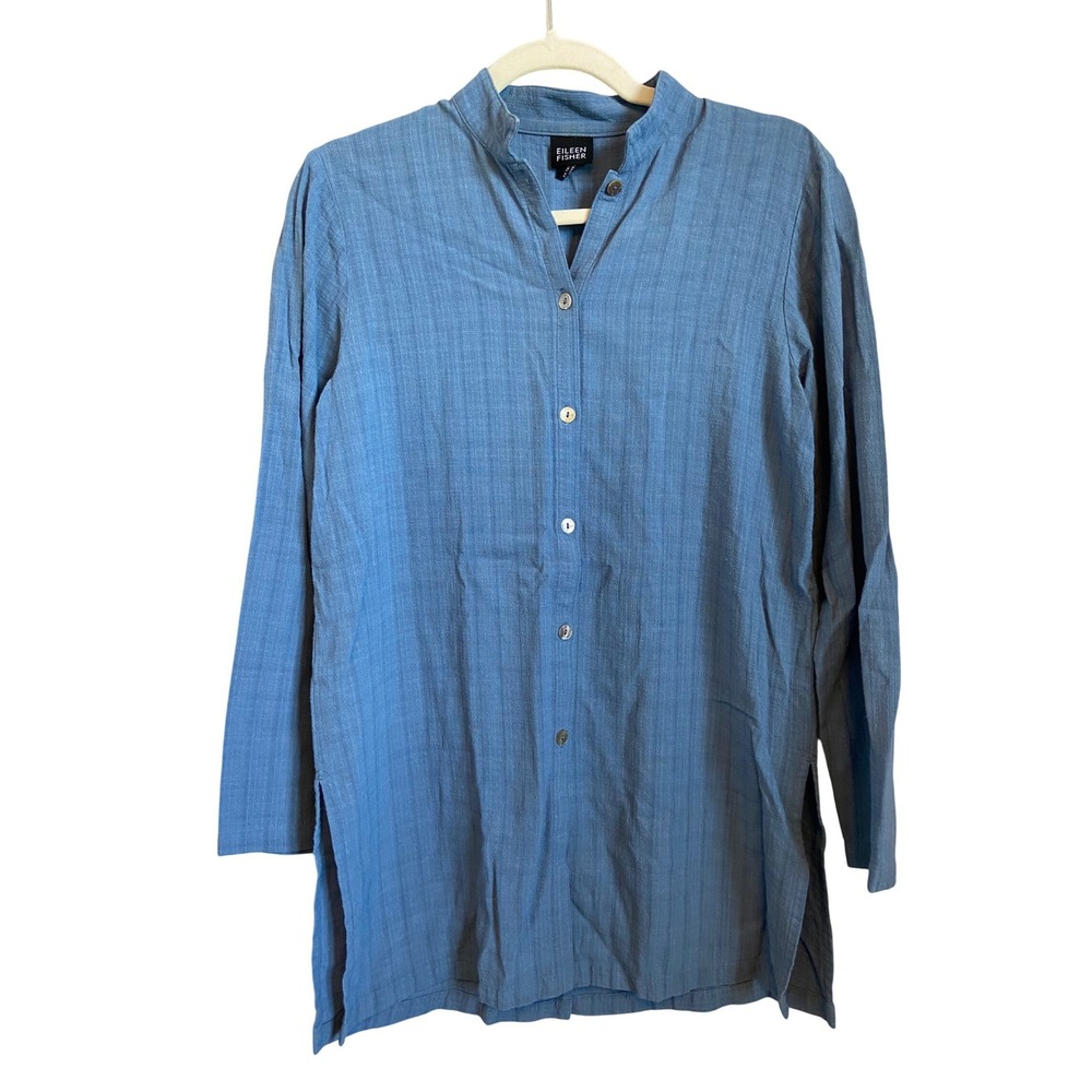 Eileen Fisher Blue Viscose Linen Blend Mandarin Collar Tunic Top XS USA Made